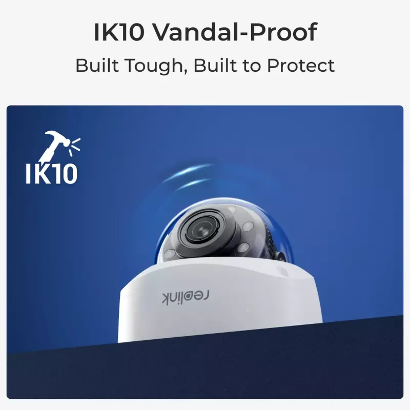 IP drošības kamera Reolink P437 4K dome, 8 MP 3840x2160, 5x optiskā tālummaiņa, PoE (IEEE 802.3af), IK10, IP67, MicroSD atbalsts līdz 256 GB