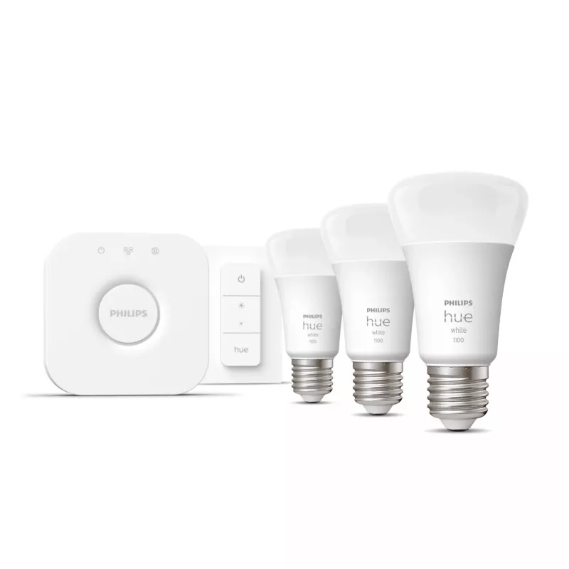 Philips Hue White Starter komplekts: 3 E27 viedās spuldzes (1100) + dimmera slēdzis