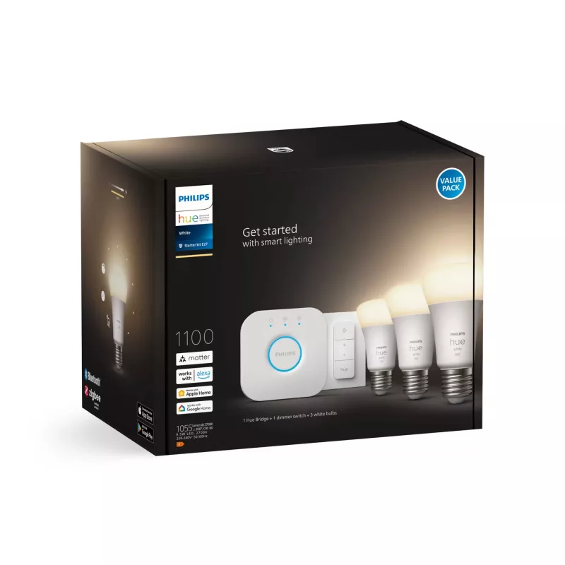 Philips Hue White Starter komplekts: 3 E27 viedās spuldzes (1100) + dimmera slēdzis