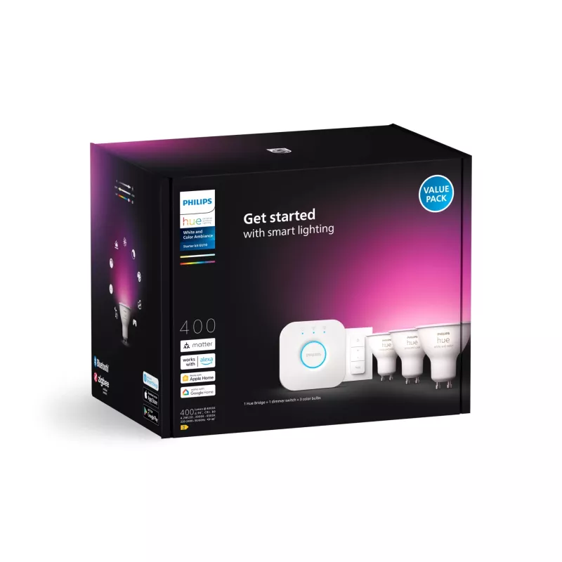 Philips Hue balta and colour ambience Starter komplekts: 3 GU10 viedie prožektori + dimmera slēdzis