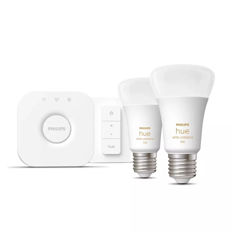 Philips Hue balta ambience starter kit: 2 E27 smart bulbs (1100) + dimmer switch