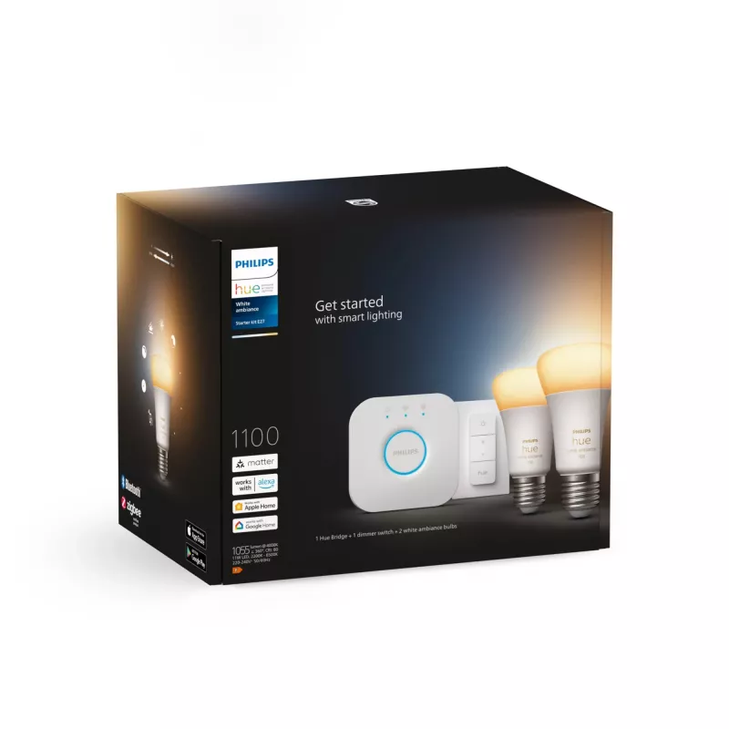 Philips Hue balta ambience starter kit: 2 E27 smart bulbs (1100) + dimmer switch