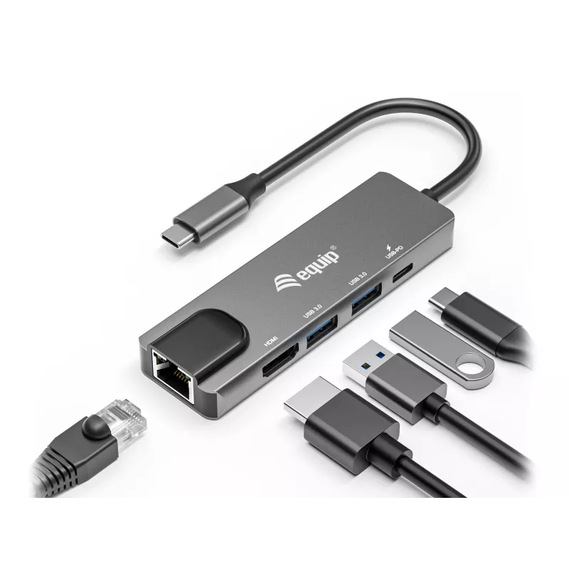 Equip USB-C 5-in-1 daudzfunkciju adapteris, HDMI, Gigabit LAN, USB 3.2 GEN1, 100 W USB PD