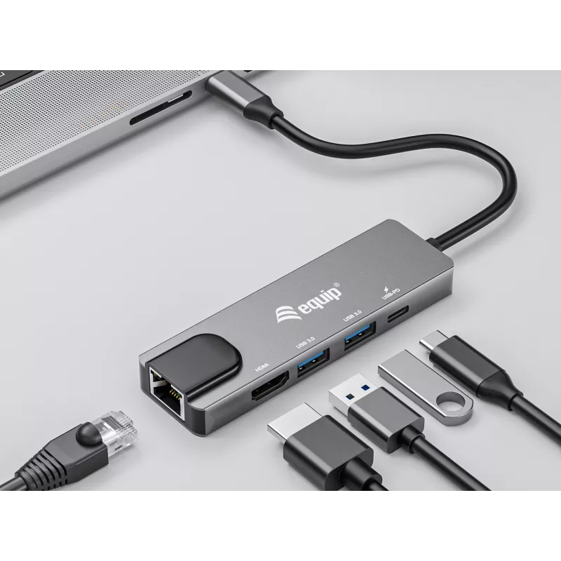Equip USB-C 5-in-1 daudzfunkciju adapteris, HDMI, Gigabit LAN, USB 3.2 GEN1, 100 W USB PD