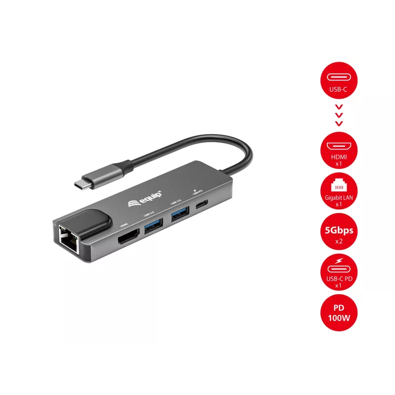 Equip USB-C 5-in-1 daudzfunkciju adapteris, HDMI, Gigabit LAN, USB 3.2 GEN1, 100 W USB PD