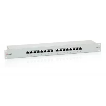 Equip 16 portu Cat.6 ekranēts sadales panelis, gaiši pelēks, RJ-45, zelts, Cat6, stiprināšana statīvā, 1U, pelēks