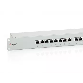 Equip 16 portu Cat.6 ekranēts sadales panelis, gaiši pelēks, RJ-45, zelts, Cat6, stiprināšana statīvā, 1U, pelēks