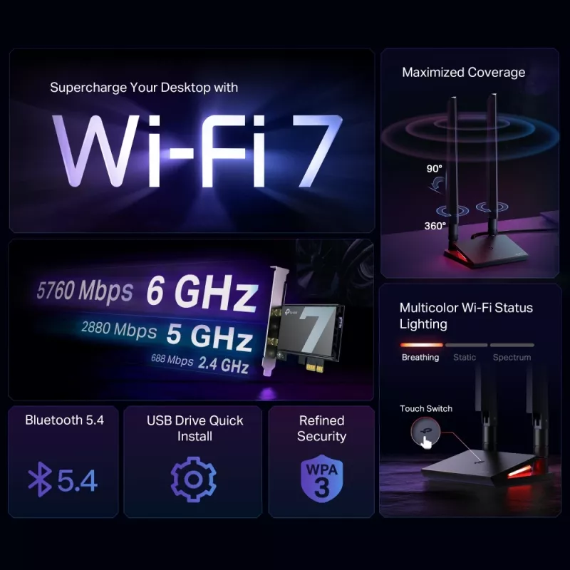 TP-Link Archer BE9300 Wi-Fi 7 Bluetooth 5.4 PCIe adapteris