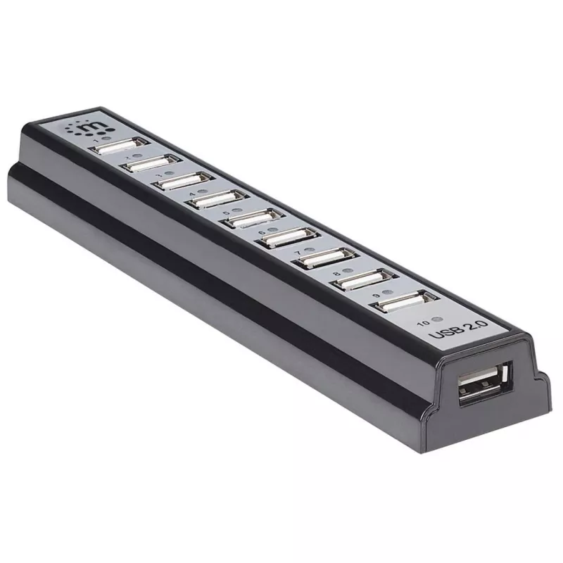Manhattan USB-A 10 portu galda centrāle, 10x USB-A porti, 480 Mbps (USB 2.0), barošana caur USB vai ārēju barošanas avotu (nav iekļauts) lielākai pievienoto ierīču jaudai