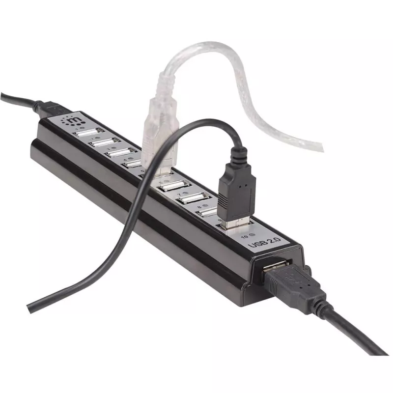 Manhattan USB-A 10 portu galda centrāle, 10x USB-A porti, 480 Mbps (USB 2.0), barošana caur USB vai ārēju barošanas avotu (nav iekļauts) lielākai pievienoto ierīču jaudai