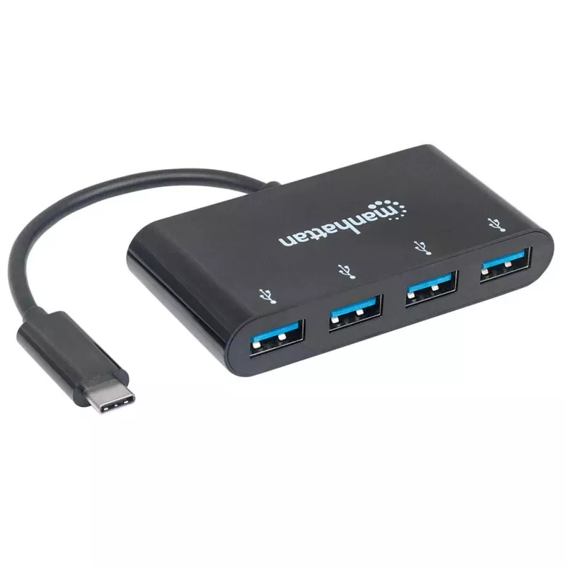 Manhattan USB-C dokstacija/cents, porti (x4): USB-A (x4), 5 Gbps (USB 3.2 Gen1 jeb USB 3.0), USB barošana (nav nepieciešams ārējs barošanas avots), kabelis 20 cm, līdzvērtīgs HB30C4AB