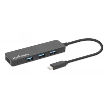 Manhattan USB-C dokstacija/cents, porti (4): USB-A (x4), 5 Gbps (USB 3.2 Gen1 jeb USB 3.0), USB barošana (nav nepieciešams ārējs barošanas avots), ekvivalents HB30CM4AB