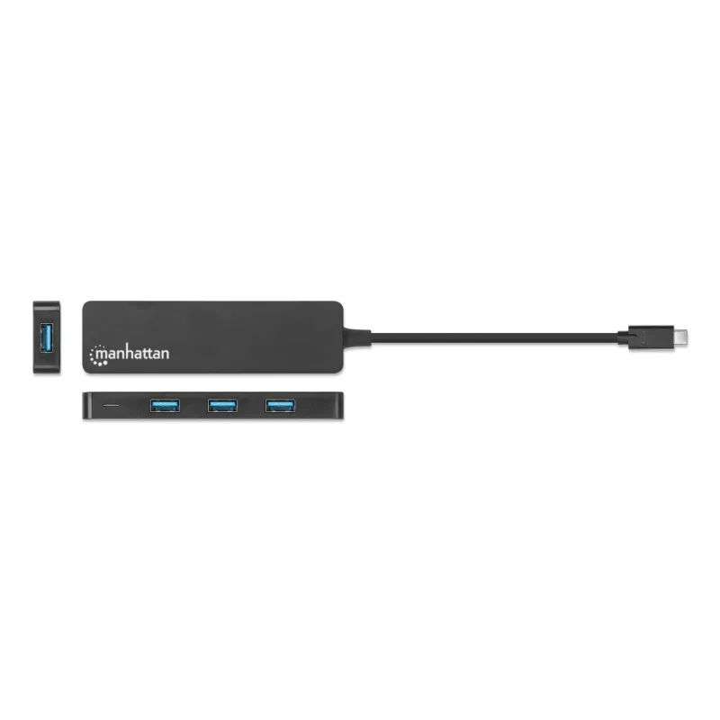 Manhattan USB-C dokstacija/cents, porti (4): USB-A (x4), 5 Gbps (USB 3.2 Gen1 jeb USB 3.0), USB barošana (nav nepieciešams ārējs barošanas avots), ekvivalents HB30CM4AB