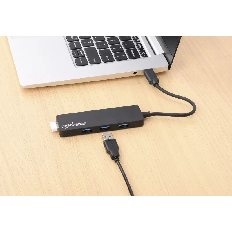 Manhattan USB-C dokstacija/cents, porti (4): USB-A (x4), 5 Gbps (USB 3.2 Gen1 jeb USB 3.0), USB barošana (nav nepieciešams ārējs barošanas avots), ekvivalents HB30CM4AB