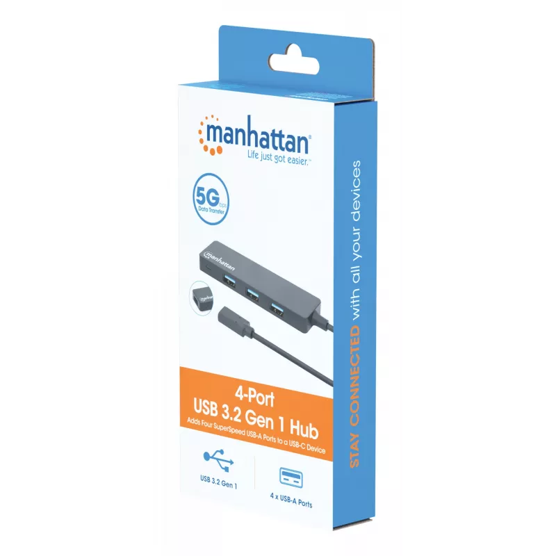 Manhattan USB-C dokstacija/cents, porti (4): USB-A (x4), 5 Gbps (USB 3.2 Gen1 jeb USB 3.0), USB barošana (nav nepieciešams ārējs barošanas avots), ekvivalents HB30CM4AB