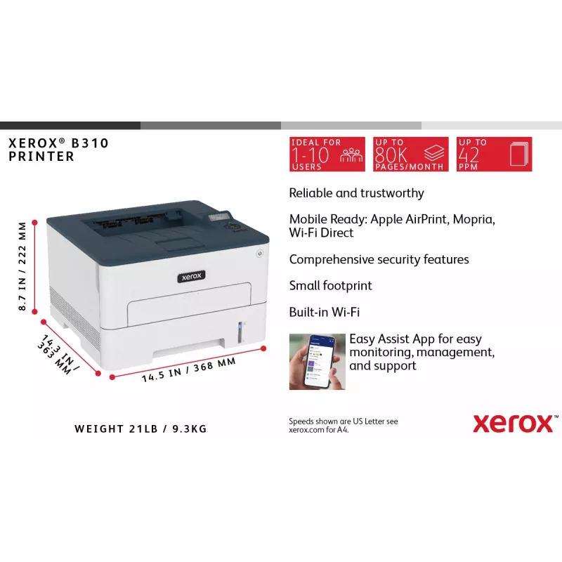 Xerox B310 A4 40ppm bezvadu divpusējā printeris PS3 PCL5e/6 2 paplātes, kopā 350 lapas