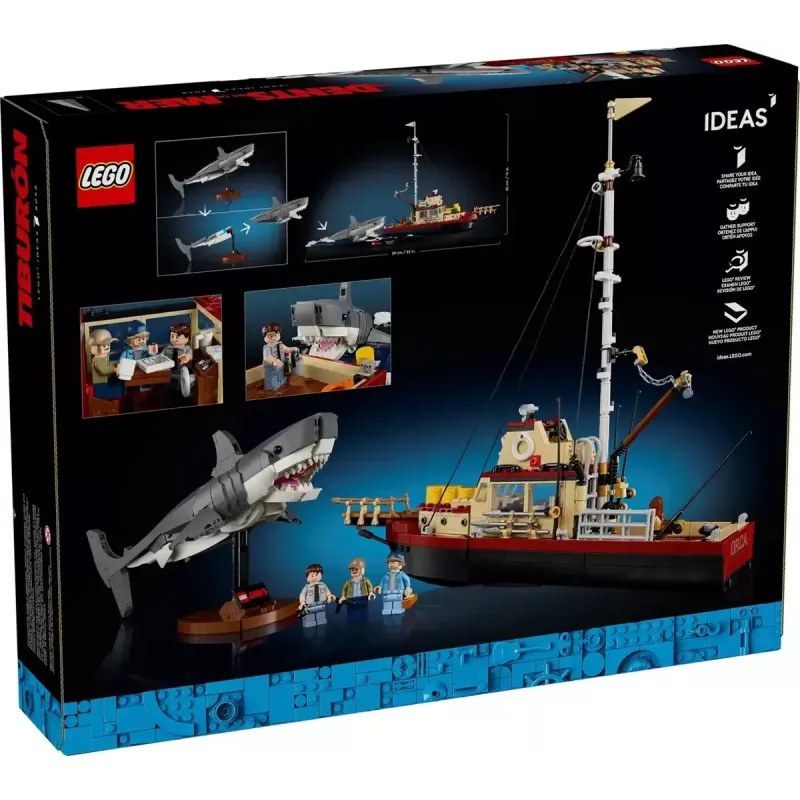 Konstruktors LEGO Ideas 21350 Jaws komplekts — 1497 detaļas, 3 minifigūras, laiva un ikoniskā haizivs, ieteicamais vecums 18+