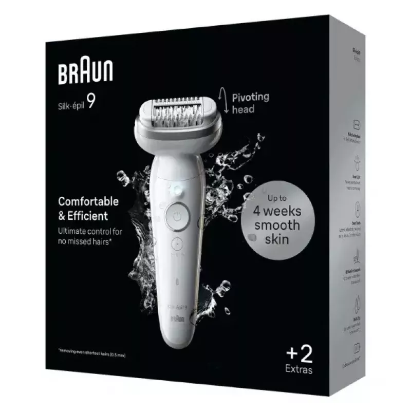 Epilators BRAUN 9-011 3D Silk-epil 9 Flex Wet & Dry — 40 pincetes, akumulators, masāža, balts/pelēks