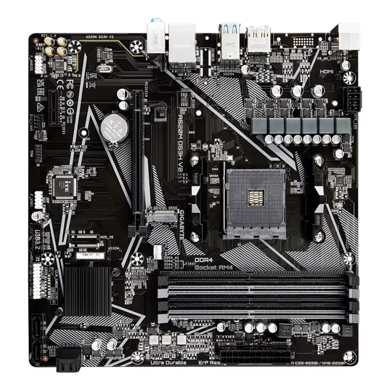 Mātesplate GIGABYTE A520M DS3H V2 - atbalsta AMD Ryzen 5000 sērijas AM4 CPU, līdz 4733MHz DDR4 (OC), PCIe 3.0 x16, GbE LAN, USB 3.2 Gen 1