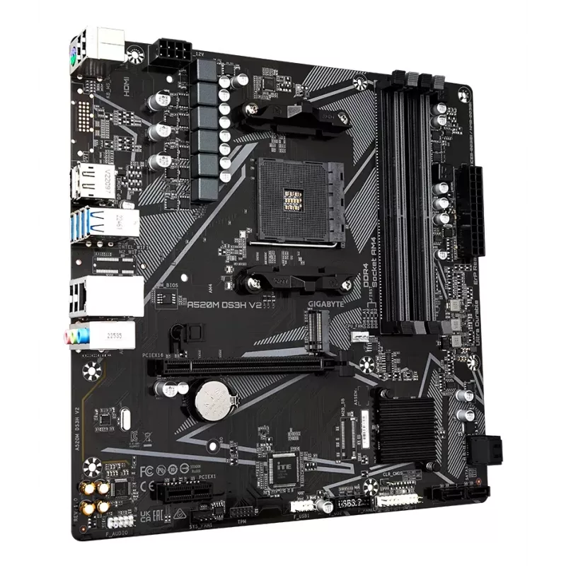 Mātesplate GIGABYTE A520M DS3H V2 - atbalsta AMD Ryzen 5000 sērijas AM4 CPU, līdz 4733MHz DDR4 (OC), PCIe 3.0 x16, GbE LAN, USB 3.2 Gen 1