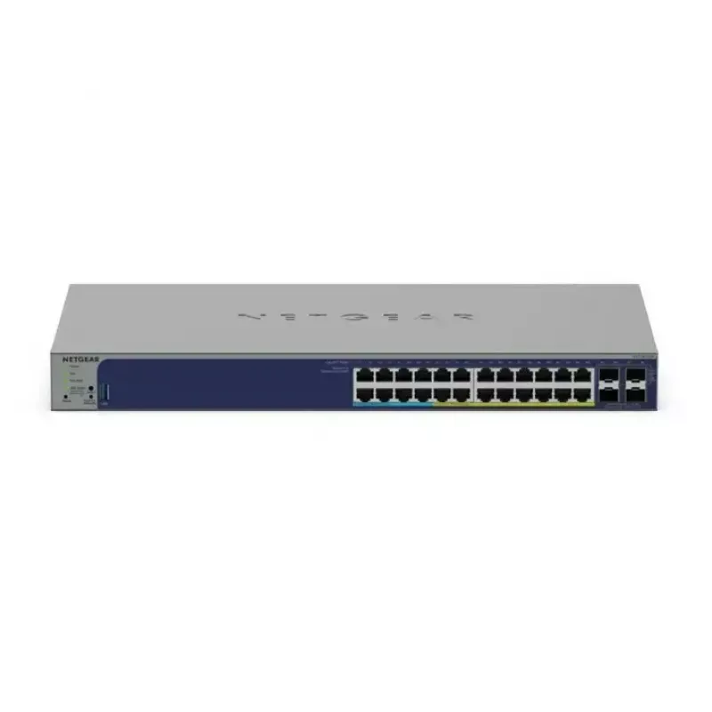 Pārvaldāms Gigabitu PoE slēdzis Netgear GS728TXUP — 24 × 10/100/1000 RJ-45, 128 Gbps, 1U, stiprināms statīvā