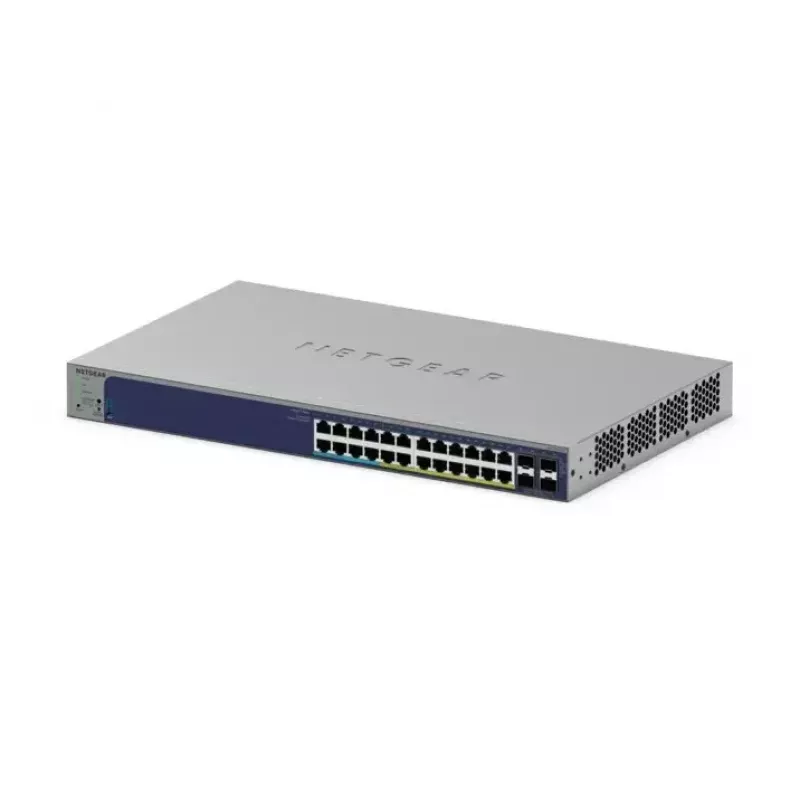 Pārvaldāms Gigabitu PoE slēdzis Netgear GS728TXUP — 24 × 10/100/1000 RJ-45, 128 Gbps, 1U, stiprināms statīvā
