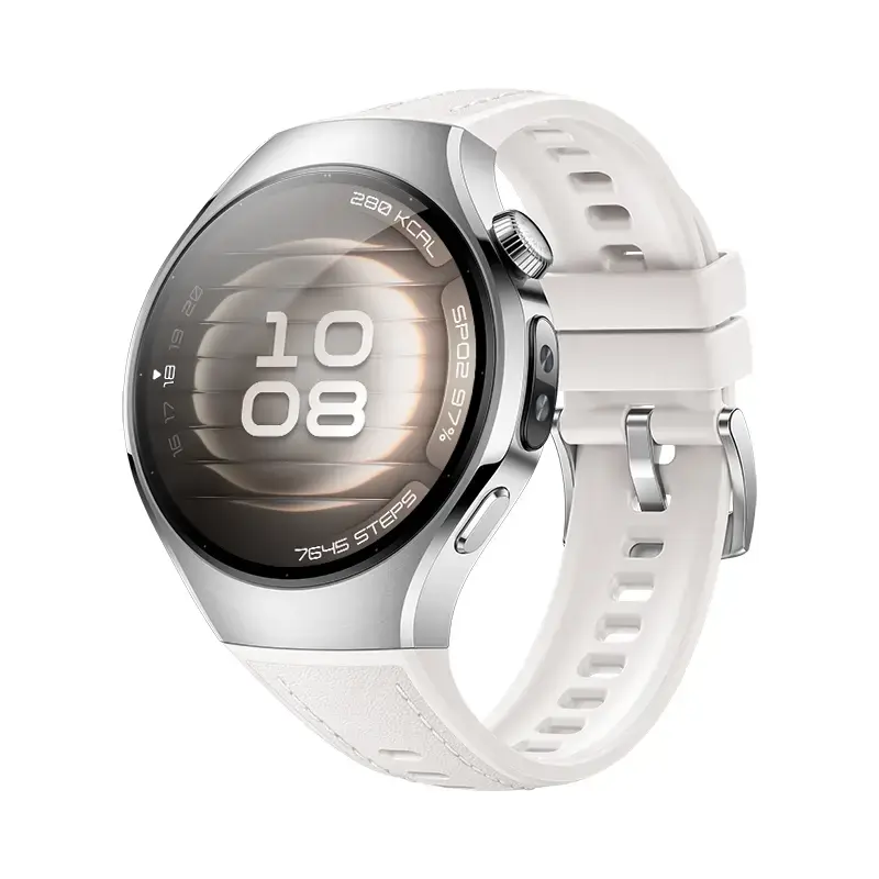 Viedpulkstenis HUAWEI WATCH 5 — apaļš 42 mm nerūsējošā tērauda korpuss, 1,38 collu AMOLED, GPS, Bluetooth, 540 mAh akumulators, bēšs korpuss ar baltu siksniņu