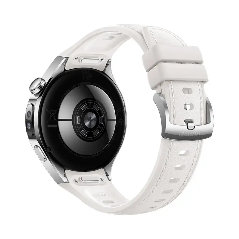 Viedpulkstenis HUAWEI WATCH 5 — apaļš 42 mm nerūsējošā tērauda korpuss, 1,38 collu AMOLED, GPS, Bluetooth, 540 mAh akumulators, bēšs korpuss ar baltu siksniņu