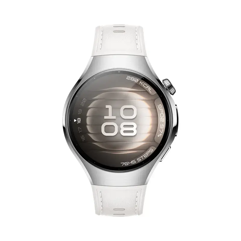 Viedpulkstenis HUAWEI WATCH 5 — apaļš 42 mm nerūsējošā tērauda korpuss, 1,38 collu AMOLED, GPS, Bluetooth, 540 mAh akumulators, bēšs korpuss ar baltu siksniņu