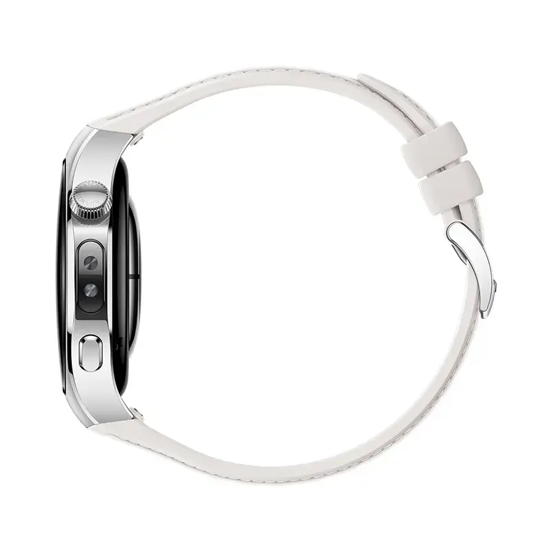 Viedpulkstenis HUAWEI WATCH 5 — apaļš 42 mm nerūsējošā tērauda korpuss, 1,38 collu AMOLED, GPS, Bluetooth, 540 mAh akumulators, bēšs korpuss ar baltu siksniņu