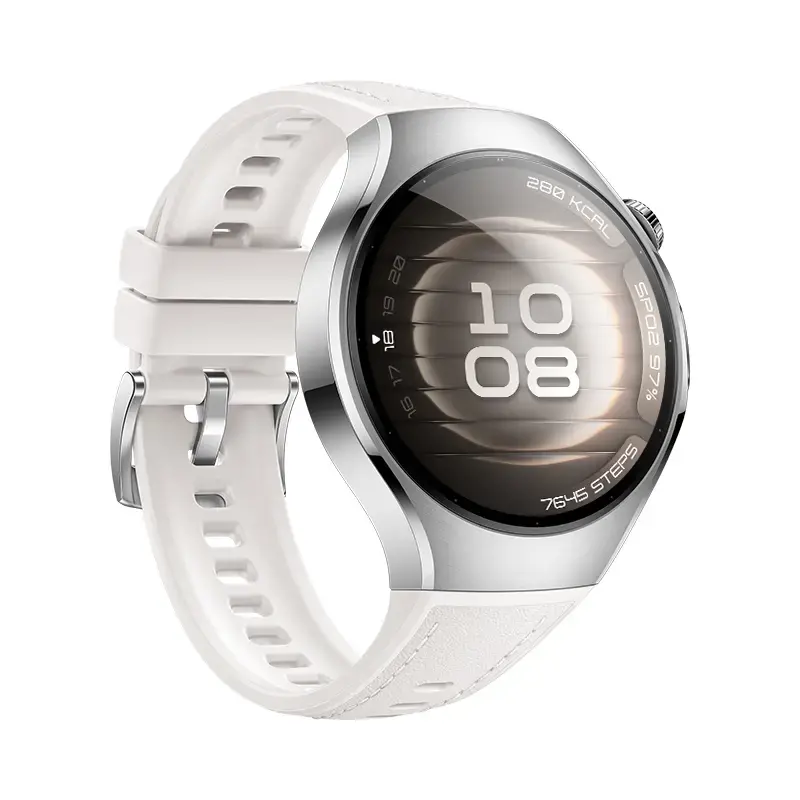 Viedpulkstenis HUAWEI WATCH 5 — apaļš 42 mm nerūsējošā tērauda korpuss, 1,38 collu AMOLED, GPS, Bluetooth, 540 mAh akumulators, bēšs korpuss ar baltu siksniņu