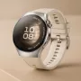 Viedpulkstenis HUAWEI WATCH 5 — apaļš 42 mm nerūsējošā tērauda korpuss, 1,38 collu AMOLED, GPS, Bluetooth, 540 mAh akumulators, bēšs korpuss ar baltu siksniņu