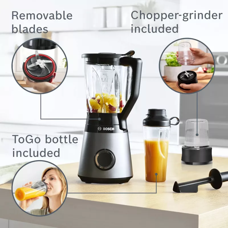 Bosch Serie 4 MMB6177S blenderis 1,5 L Galda blenderis 1200 W Melns, Sudrabs