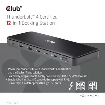 CLUB3D Thunderbolt™ 4 sertificēta 12-in-1 dokstacija