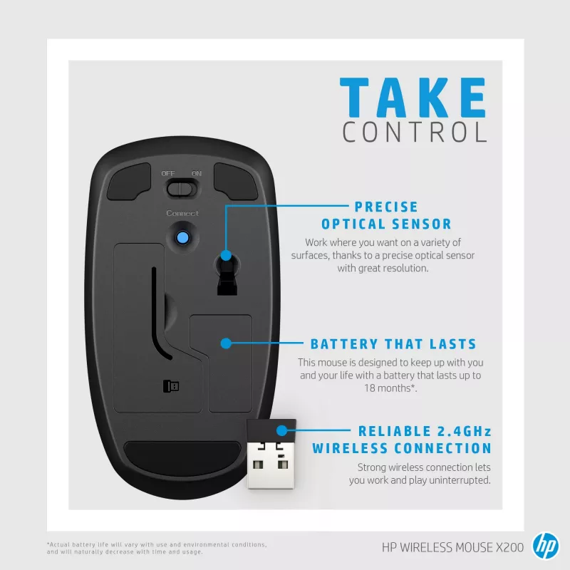 HP Wireless Mouse X200, Ambidextrous, Optical, RF Wireless, 1600 DPI, Melns