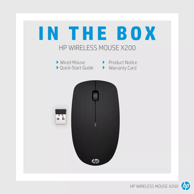 HP Wireless Mouse X200, Ambidextrous, Optical, RF Wireless, 1600 DPI, Melns