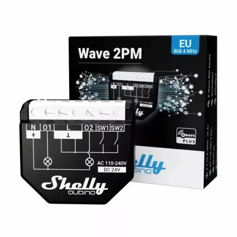 Viedais slēdzis Shelly WAVE 2PM Melns (Shelly) — bezvadu Z-Wave, 16 A, 110–240 V, 868,4 MHz