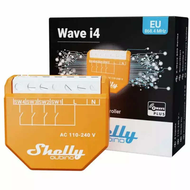 Viedais slēdzis Shelly Qubino Wave i4 — bezvadu ainu kontrolleris 110–240V, 16A, 50/60Hz, oranžs