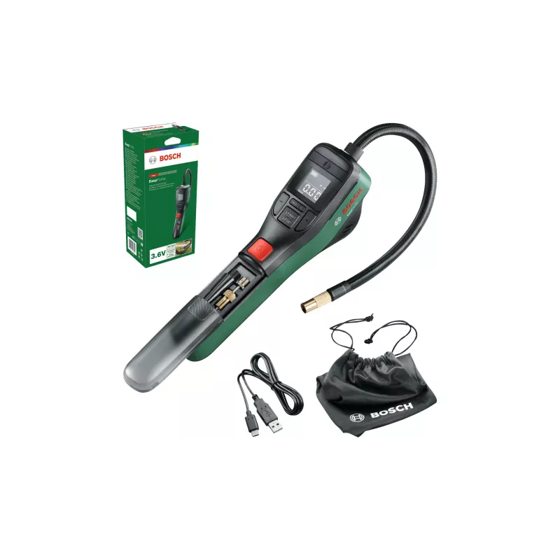 Elektriskais gaisa sūknis Bosch 0.603.947.000 — portatīvs, uzlādējams, 10 bar (150–150 psi), 3000 mAh, USB‑C, 10 l/min, ar šļūteni un piederumiem