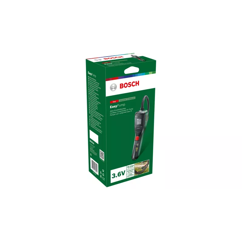 Elektriskais gaisa sūknis Bosch 0.603.947.000 — portatīvs, uzlādējams, 10 bar (150–150 psi), 3000 mAh, USB‑C, 10 l/min, ar šļūteni un piederumiem