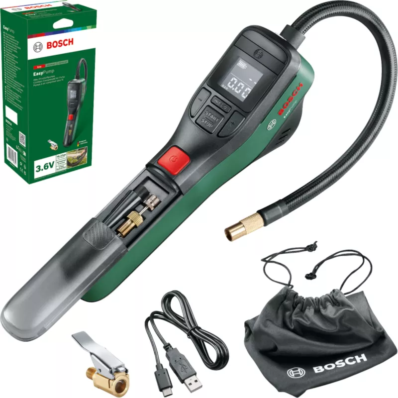 Elektriskais gaisa sūknis Bosch 0.603.947.000 — portatīvs, uzlādējams, 10 bar (150–150 psi), 3000 mAh, USB‑C, 10 l/min, ar šļūteni un piederumiem