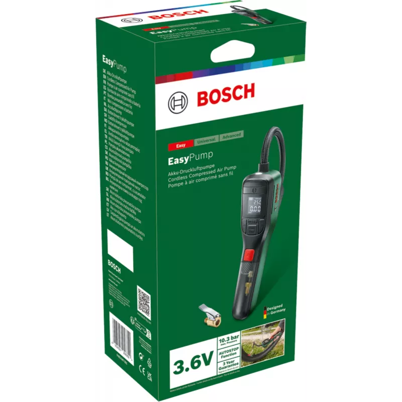 Elektriskais gaisa sūknis Bosch 0.603.947.000 — portatīvs, uzlādējams, 10 bar (150–150 psi), 3000 mAh, USB‑C, 10 l/min, ar šļūteni un piederumiem