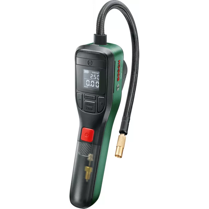 Elektriskais gaisa sūknis Bosch 0.603.947.000 — portatīvs, uzlādējams, 10 bar (150–150 psi), 3000 mAh, USB‑C, 10 l/min, ar šļūteni un piederumiem