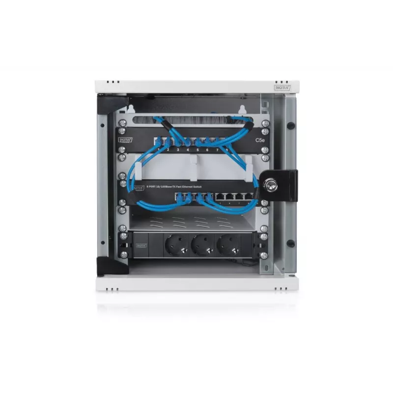 DIGITUS Sienas montāžas skapis 254mm (10in) 6U pelēks (RAL 7035) stikla durvis