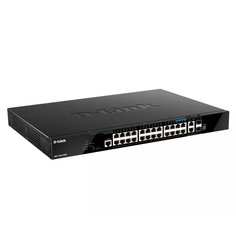D-Link DGS-1520-28MP/E tīkla slēdzis, pārvaldāms, L3, Gigabit Ethernet (10/100/1000), Power over Ethernet (PoE), 1U, melns