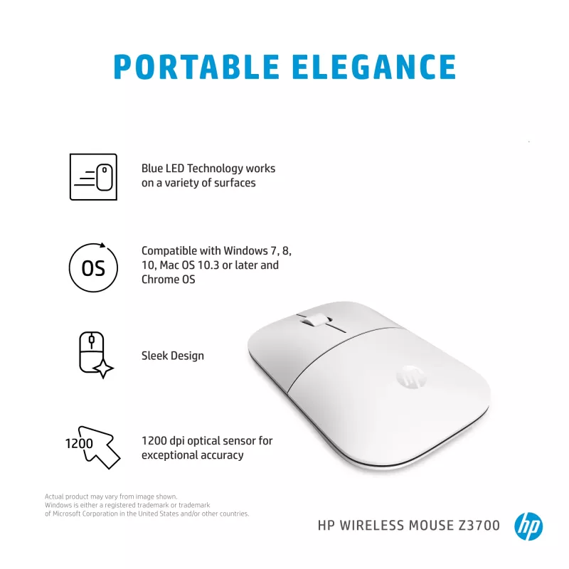 HP Z3700 Keramikas balta bezvadu pele, abpusēja, optiskā, RF bezvadu, 1200 DPI, sudraba, balta