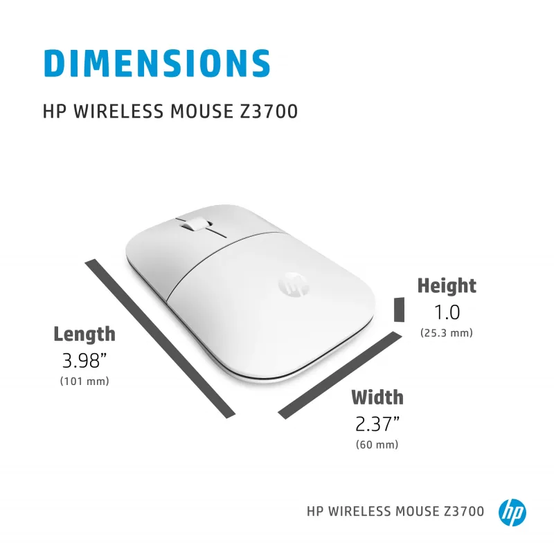 HP Z3700 Keramikas balta bezvadu pele, abpusēja, optiskā, RF bezvadu, 1200 DPI, sudraba, balta