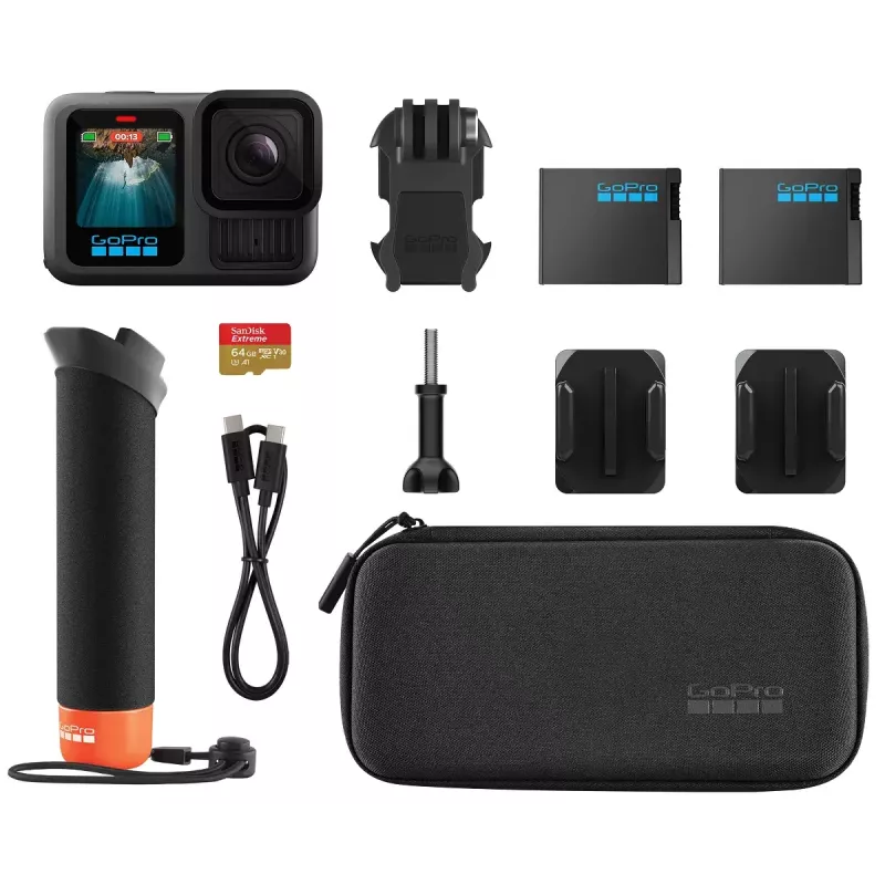 Action kamera GoPro HERO13 Black Bundle — 5.3K Ultra HD, 27.6 MP CMOS, 240 kadri/s, 2,27 collu LCD, 2x digitālais tālummaiņa, stereo WAV audio