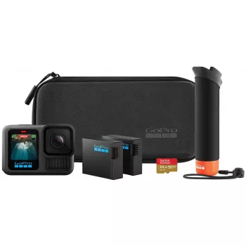 Action kamera GoPro HERO13 Black Bundle — 5.3K Ultra HD, 27.6 MP CMOS, 240 kadri/s, 2,27 collu LCD, 2x digitālais tālummaiņa, stereo WAV audio