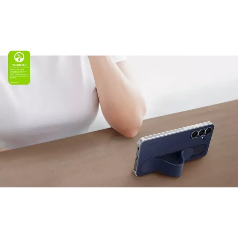 Aizsargājošs stāvmacis ar tvērienu Samsung Galaxy S25 FE, melns, galda statīvs